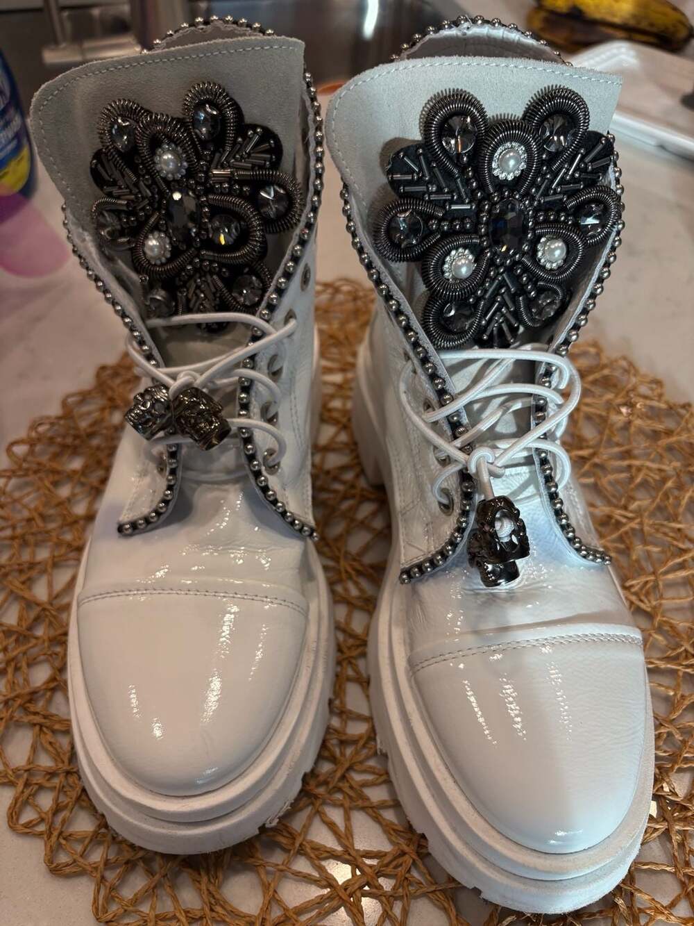 Nila & Nila White Patent Leather Embellished Combat Boots
